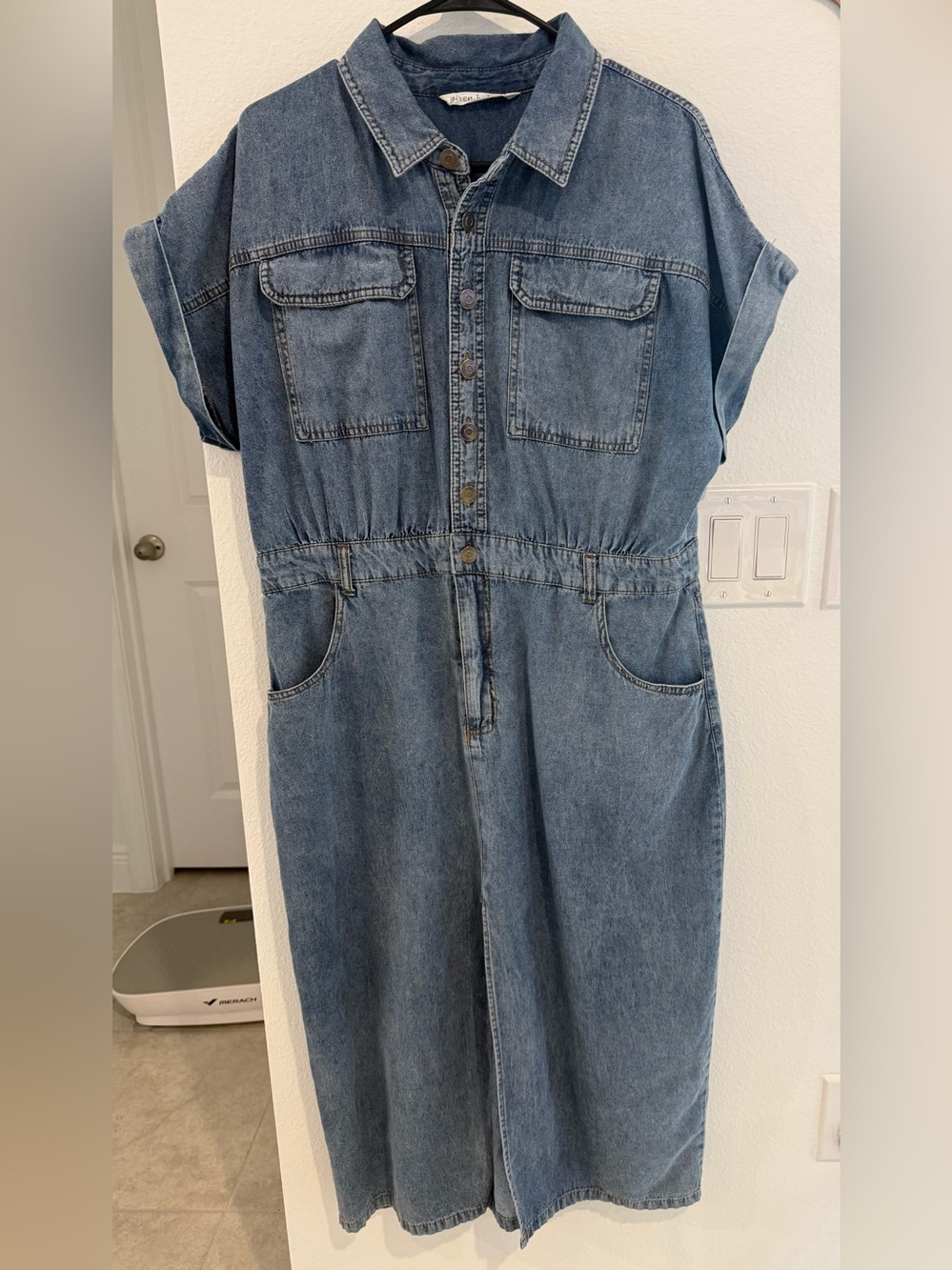 Classic Blue Denim Short-Sleeve Jumpsuit Dress